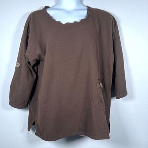 Gauzeway Tunic Top Womens OS Brown Cotton Gauze Resort Lagenlook Pocket Roll Tab